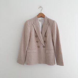 Loft Linen Blazer Pinstripe Double Breasted Taupe Tailored Jacket 2 Petite